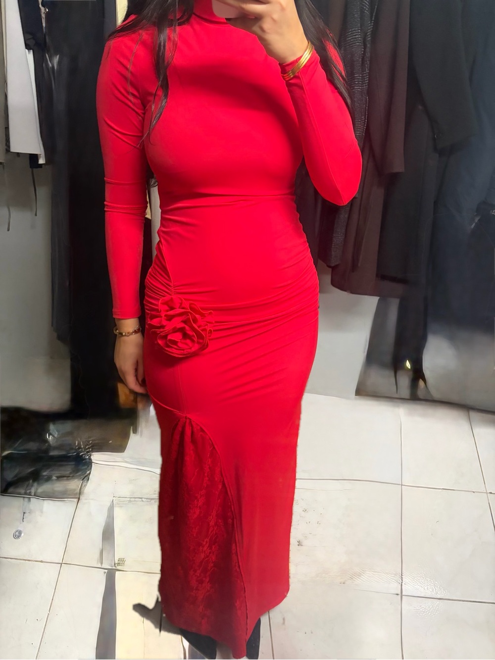 Red Long-Sleeve Ruched Maxi Dress with Floral Detail